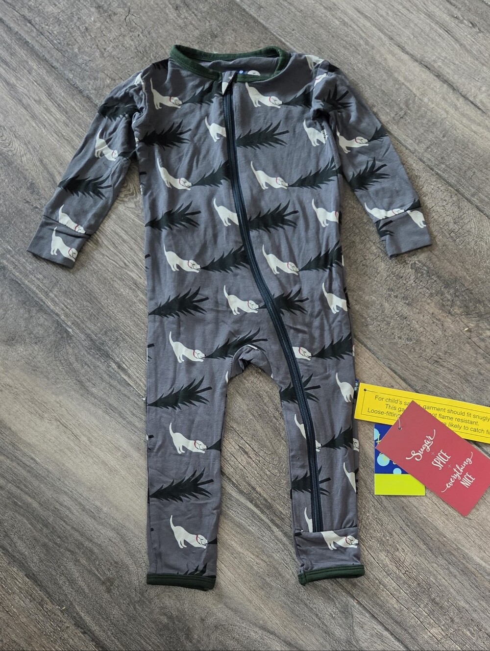 Kickee Pants NWT 9-12 Months Gray Christmas Tree Dog Print One-Piece Romper